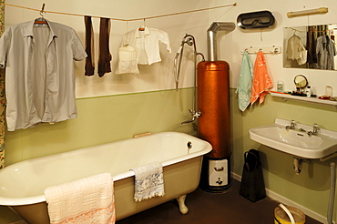 Bathroom from the 1950s with laundry hanging, a bathtub and a water heater, 1950s Exhibition 2010-2011, German Salt Museum, Suelfmeisterstrasse 1, Lueneburg, Lower Saxony, Germany, Europe