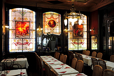 Art Nouveau cafe and restaurant Le Falstaff, interior decoration with leaded lights, lead glass windows in the pub, city centre, Brussels, Belgium, Benelux