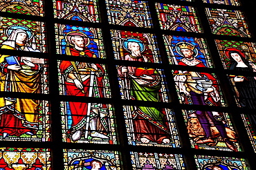 Stained glass windows depicting religious figures, Notre Dame du Sablon Church, Zavel Kerk, city centre, Brussels, Belgium, Benelux, Europe