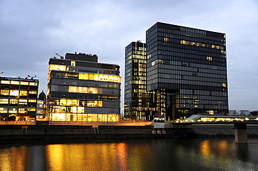 Modern achitecture in the evening, Handelshafen harbour, Medienhafen, Duesseldorf, Rhineland, North Rhine-Westphalia, Germany, Europe