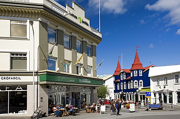 Downtown, in the back Cafe Blaa Kannan, Akureyri, northern Iceland, Iceland, Europe