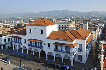 Fidel Castro balcony, town hall, Parque Cespedes park, Santiago de Cuba, historic district, Cuba, Caribbean, Central America