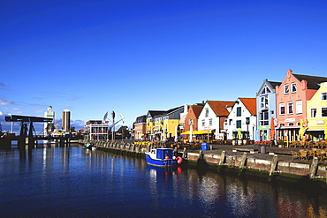 Port area and lift bridge in Husum, North Friesland, Schleswig-Holstein, Germany, Europe