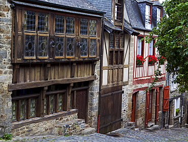 Row of houses with half-timbered buildings in Dinan, Brittany, France, Europe