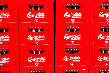 Beer crates of Budweiser beer at the Budweiser brewery in Ceske Budejovice, Budweis, Budvar, Bohemia, Czech Republic, Europe