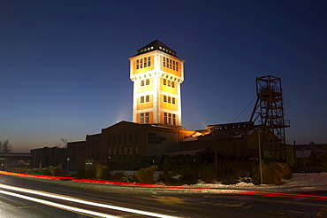 Illuminated shaft tower, mining museum, Oelsnitz in the Erzgebirge mountains, Saxony, Germany, Europe