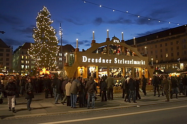 Christmas market on Altmarkt square, 575th Striezelmarkt 2009, walk-through candle arch and a Christmas tree with lights, Dresden, Saxony, Germany, Europe