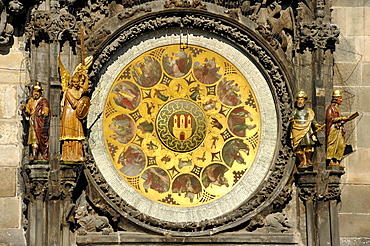 Calendar dial of the Prague Astronomical Clock on the clock tower of the Old Town City Hall, Old Town Square, historic district, Prague, Bohemia, Czech Republic, Europe