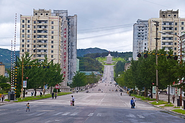 Car-free streets and communist residential buildings in Kaesong, North Korea, Asia