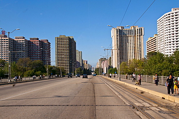 Prefabricated concrete apartment buildings alongside empty streets, Pyoengjang, North Korea, Asia