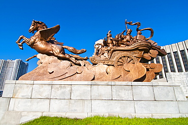 Equestrian statue in front of the Children's Palace, Pyongyang, North Korea, Asia