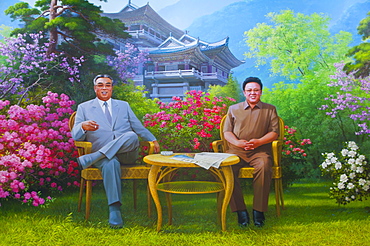 Kim Il Jong und Kim Song Il as a wall painting on Mount Myohyang-san, North Korea, Asia