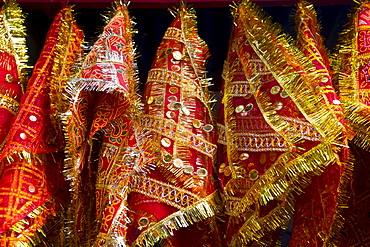 Coloured towels in Kamakhya Temple, a Hindu temple, Guwahati, Assam, North East India, India, Asia