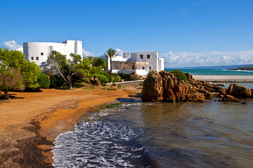 The sandy beach in the beach resort Corne d'Or, former stronghold, Tipasa, Algeria, Africa