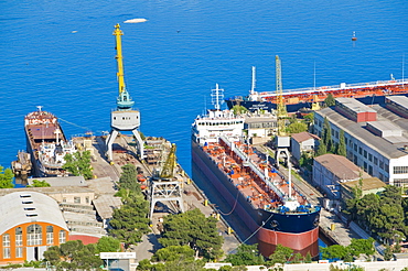 Baku Harbour with a container vessel, on the Caspian Sea, Azerbaijan, Caucasus region, Middle East