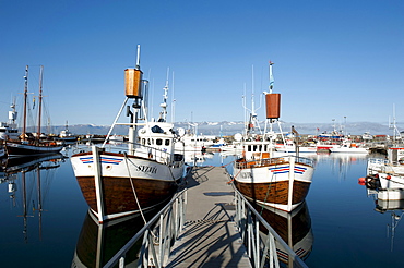 Wharf, old fishing boats, whale watching boats in the port of Husavik, Iceland, Scandinavia, Northern Europe, Europe