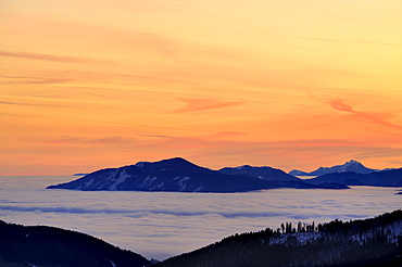 Sunrise above mountain tops with fog, Sonthofen, Allgaeu, Bavaria, Germany, Europe