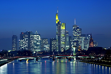 Skyline of Frankfurt am Main at night with the financial district in Frankfurt's Westend, Frankfurt am Main, Hesse, Germany, Europe