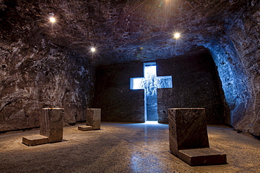 Cross-shaped stone opening in the underground Salt Cathedral of Zipaquira, Cundinamarca, Colombia, South America