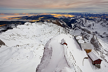 Saentis mountain in the evening light in winter, Appenzell region, Swiss Alps, Switzerland, Europe