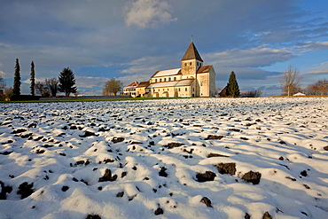 Church on the island of Reichenau in the evening light on Lake Constance, Baden-Wuerttemberg, Germany, Europe