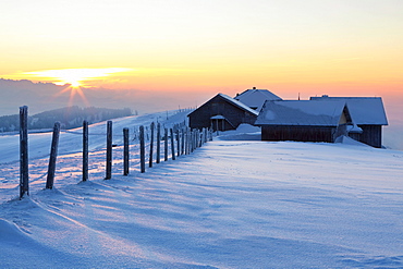 Evening mood on the wintery Hochalp mountain pasture, in the Swiss Alps, Alpstein range with Mt. Saentis, Switzerland, Europe