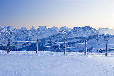 Evening on the Hochalp facing the Alpstein range with Mt. Saentis, Swiss Alps, Switzerland, Europe