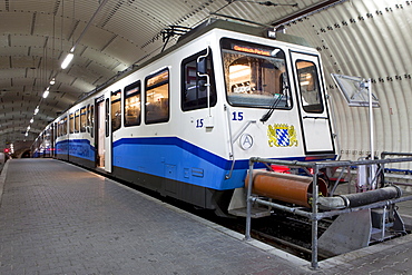 The cog railway to Mt. Zugspitze, Bavarian Zugspitze Railway, at the station on the glacier, Bavaria, Germany, Europe