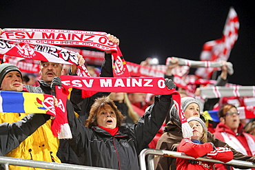 Fans of the FSV Mainz 05 in Bruchweg Stadium, Mainz, Rhineland-Palatinate, Germany, Europe