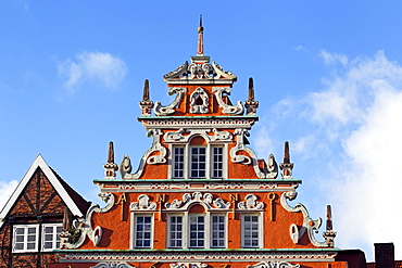 Gable of the historic Buergermeister-Hintze-Haus house in the old town of Stade, Lower Saxony, Germany, Europe