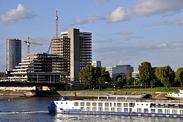 The Lufthansa high-rise building, seat of the German airline until 2007, on the bank of the Rhine River at Deutz, renovation until 2012 to become the MaxCologne development, Cologne, North Rhine-Westphalia, Germany, Europe