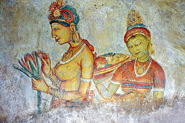 Cloud maidens, fresco on cave wall, 5th Century, Lion Rock, rock fortress, UNESCO World Heritage site, Sigiriya, Sri Lanka, Asia