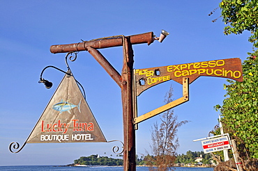 Hotel sign, beach, Unawatuna, Wella Devale Dagoba at the back, Sri Lanka, Ceylon, South Asia, Asia