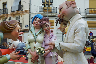 Crude carnival characters and satirical sculptures at a parade, Fallas festival, Falles festival in Valencia in early spring, Spain, Europe