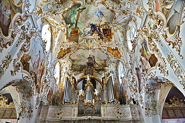 Organ and ceiling fresco, Collegiate Church of Mariae Geburt or the Nativity of Mary, Kloster Rottenbuch monastery, Pfaffenwinkel, Bavaria, Germany, Europe