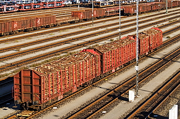 Waggons with tree trunks, through station and switch yard Munich Nord, Munich, Bavaria, Germany, Europe