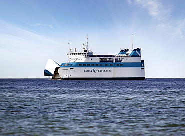 Ferry of the Langeland Trafikken with open bow visor on the way from TÃ‚rs to Spodsbjerg, Langeland, Denmark, Europe