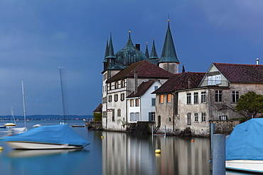 Turmhof builing in Steckborn just after sunset on Lake Constance, Switzerland, Europe