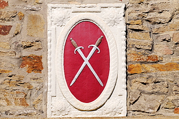 Plaque with crossed swords, Abbey Square, Guild Hall, historic town centre, Herdecke, Hagen, North Rhine-Westphalia, Germany, Europe