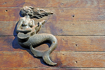 Mermaid playing the guitar, decoration on the hull of a ship, La Magdalena peninsula, Santander, Cantabria, Spain, Europe