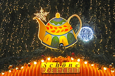 Tea, tea pot, lettering "Teezeit", German for "tea time", Christmas lighting, decoration, Christmas market, Dortmund, Ruhr area, North Rhine-Westphalia, Germany, Europe