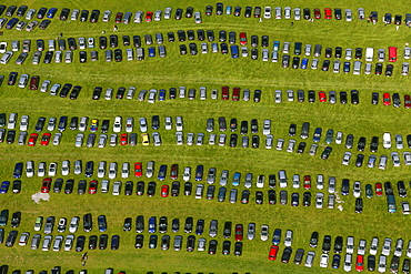 Aerial view, car park, State Garden Show Hemer, on a former military barracks, Maerkischer Kreis district, Sauerland, North Rhine-Westphalia, Germany, Europe