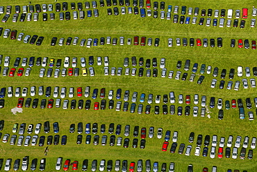 Aerial view, car park, State Garden Show Hemer, on a former military barracks, Maerkischer Kreis district, Sauerland, North Rhine-Westphalia, Germany, Europe