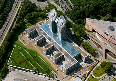 Aerial view, new corporate headquarters of EON Ruhrgas, a German energy corporation, Essen, Ruhr area, North Rhine-Westphalia, Germany, Europe