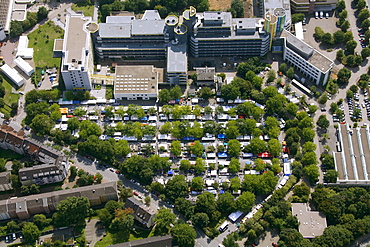 Aerial view, flea market, Essen University car park, Essen, Ruhr Area, North Rhine-Westphalia, Germany, Europe