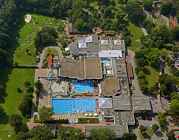 Aerial view, open-air swimming pool, LAGO Herne Gysenbergpark swimming pool, Gysenbergpark recreational area, Herne, Ruhr area, North Rhine-Westphalia, Germany, Europe