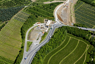 Aerial view, extension of the A46 motorway, highway expansion, end of the motorway, A445 motorway near Bestwig, Meschede, North Rhine-Westphalia, Germany, Europe