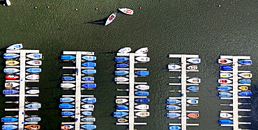 Aerial view, Kemnader Stausee reservoir, sailboat jetty, sailing school, Bochum, Ruhrgebiet region, North Rhine-Westphalia, Germany, Europe