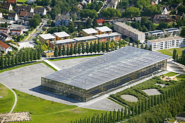 Aerial view, Akademie Mont-Cenis building, solar power station, Herne-Sodingen, Europe's largest solar facade, convention center, hotel, ASB Begegnungs- und Pflegezentrum Mont-Cenis retirement home, Herne, Ruhr area, North Rhine-Westphalia, Germany, Europ