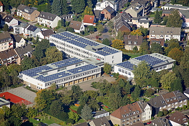 Aerial view, solar cells on the roof of a high school, Bottrop, Ruhr Area, North Rhine-Westphalia, Germany, Europe